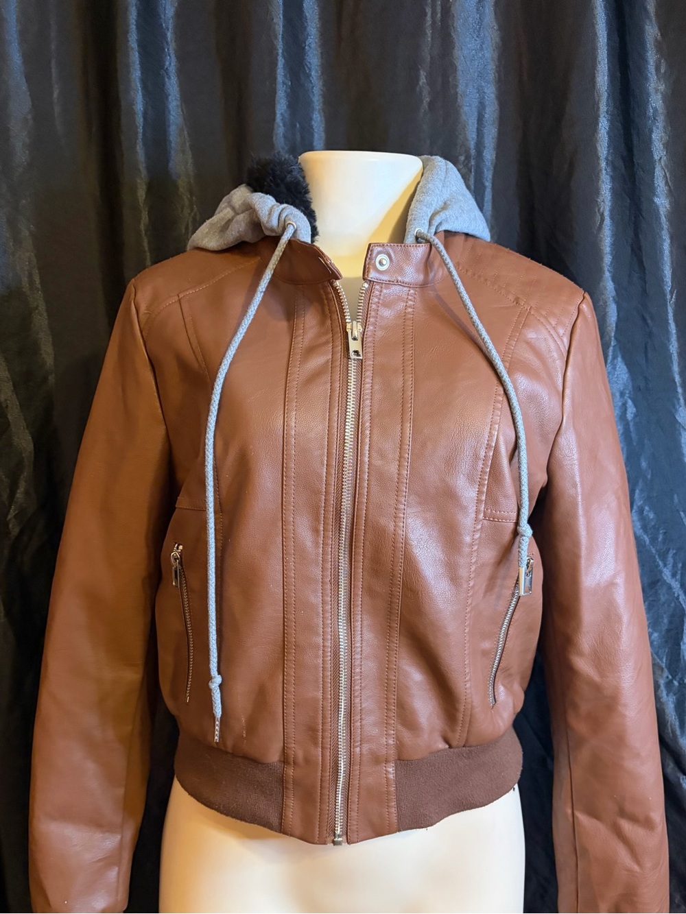 Classic Women's Brown Faux Leather Bomber Jacket with Hood